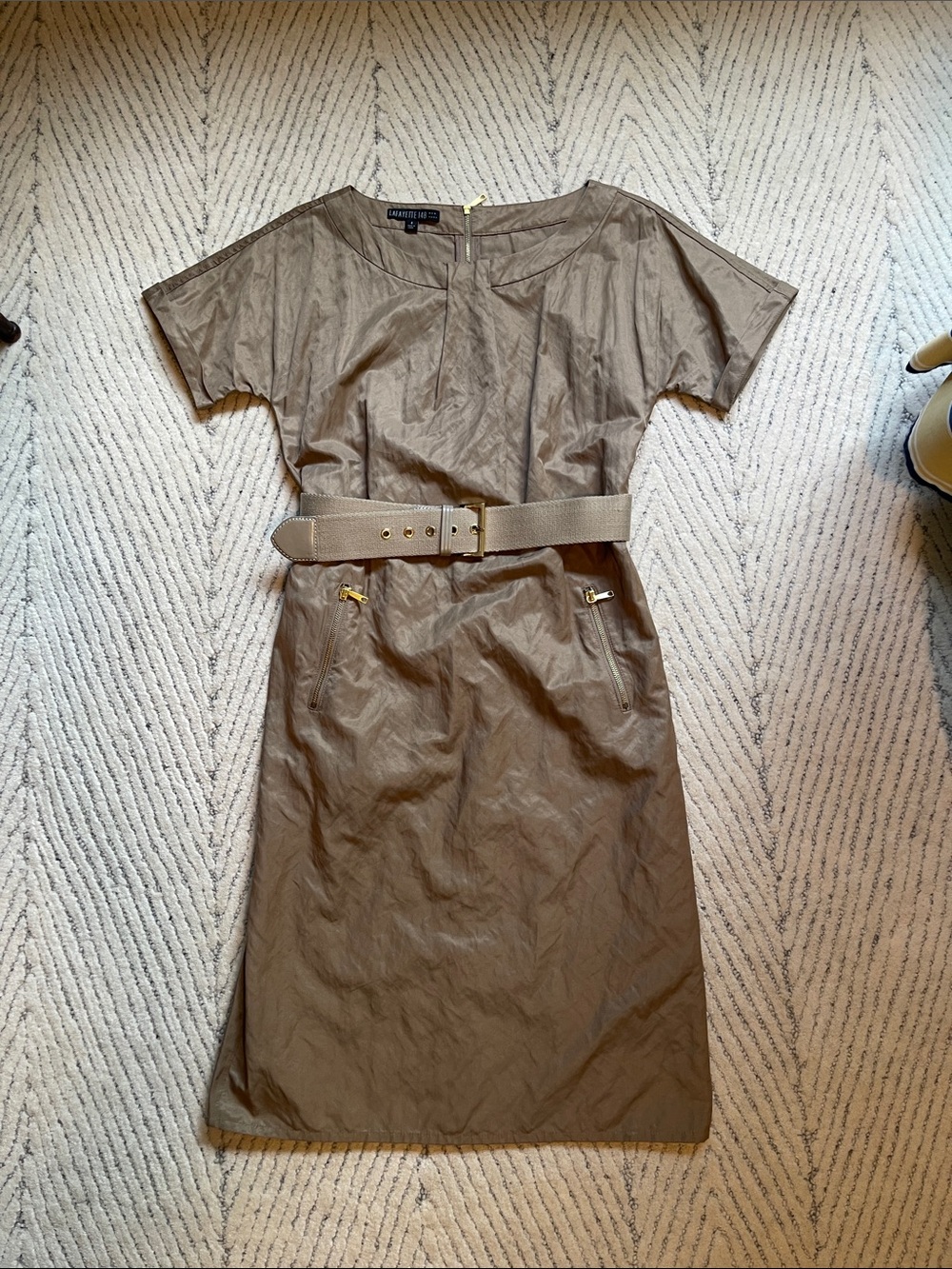 Lafayette 148 New York Taupe Short-Sleeve Belted Midi Dress